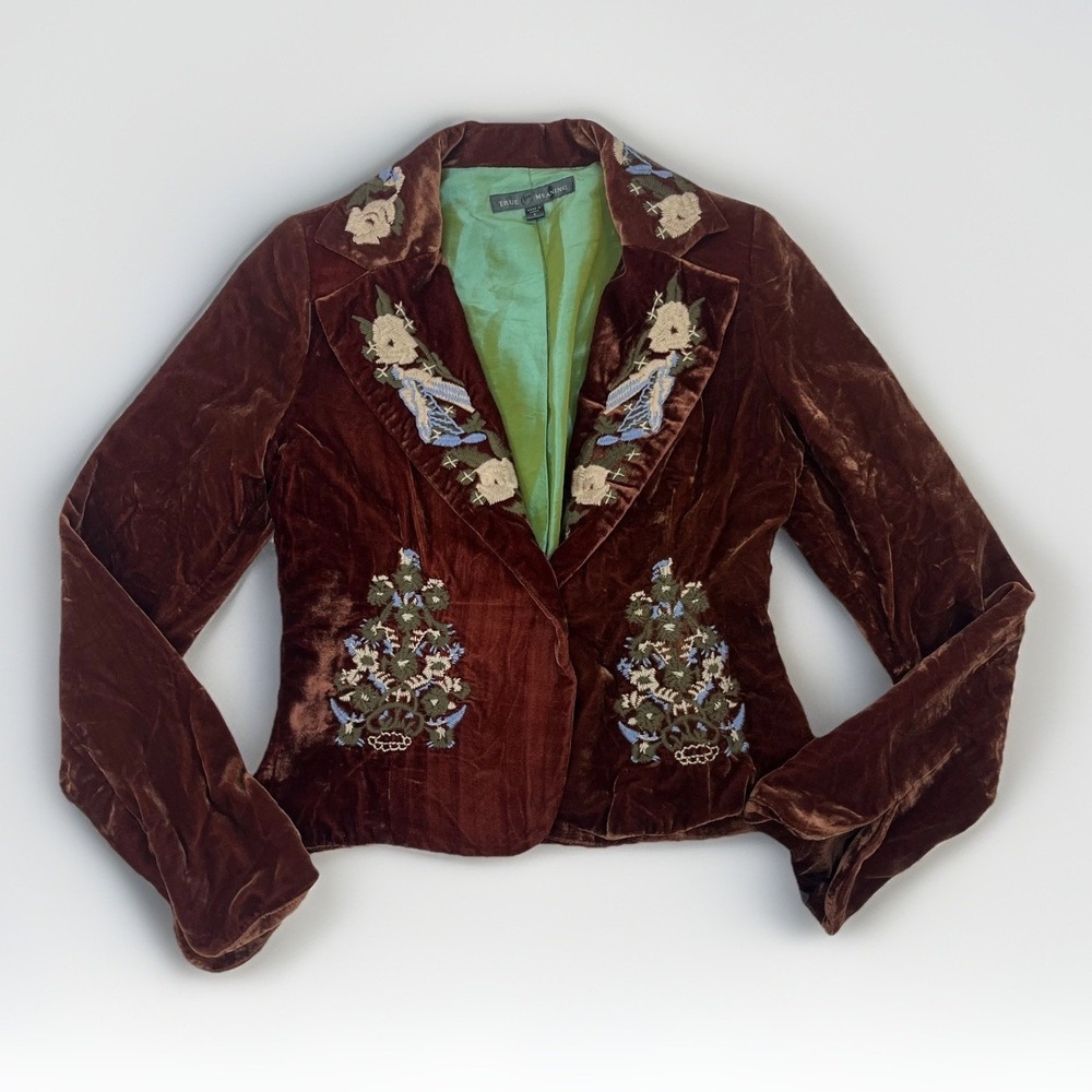 TM True Meaning NWT Blazer Anthropologie Embroidered Velvet‎ Jacket Brown Sz 2 - Picture 7 of 16